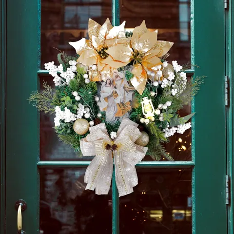 Christmas Wreath With LED Lantern Nativity Scene Gold Flowers White Berries Pine Needles Christmas Door Wall Hanging Decor