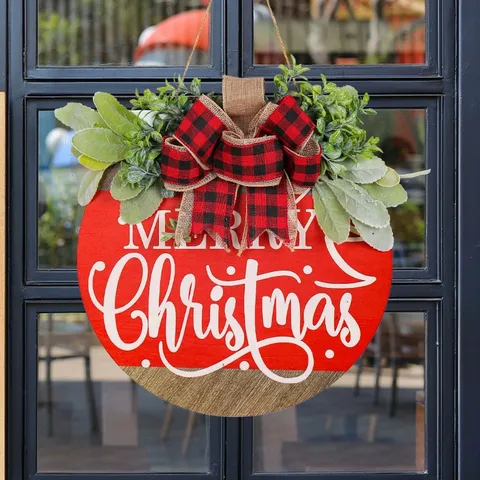 Merry Christmas Couronne En Bois Nœud Écossais Rouge Verdure Artificielle Accroche-porte Rond Décoration Murale De Noël