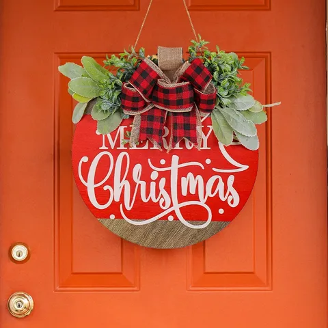 Merry Christmas Couronne En Bois Nœud Écossais Rouge Verdure Artificielle Accroche-porte Rond Décoration Murale De Noël