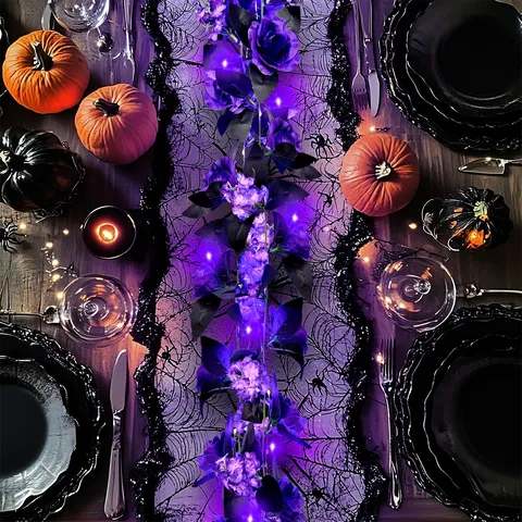 Halloween Paarse Kunstmatige Rozenrank LED Verlichte Slinger Gothic Feestdecoratie Binnen Hangplant Bloemornament