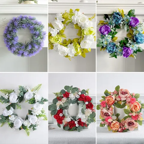Artificial Peony Flower Wreath Lavender Hanging Decoration For Front Door Wall Wedding Party Home Decor Floral Vine Ring