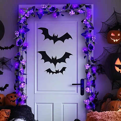 Halloween Paarse Kunstmatige Rozenrank LED Verlichte Slinger Gothic Feestdecoratie Binnen Hangplant Bloemornament