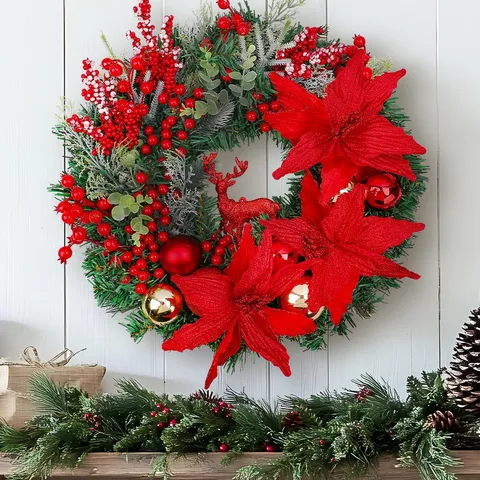 Christmas Wreath Red Poinsettia Artificial Pine Needles Red Berries Reindeer Ornament For Front Door Window Wall Hanging Party Decor