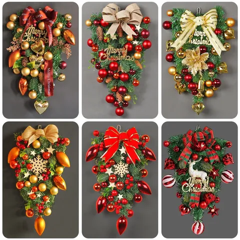 LED Verlichte Kerstboom Ondersteboven Druppelvormige Swag Met Strik Dennenappels Bessen Voor Trap Muur Deur Kerst Decor