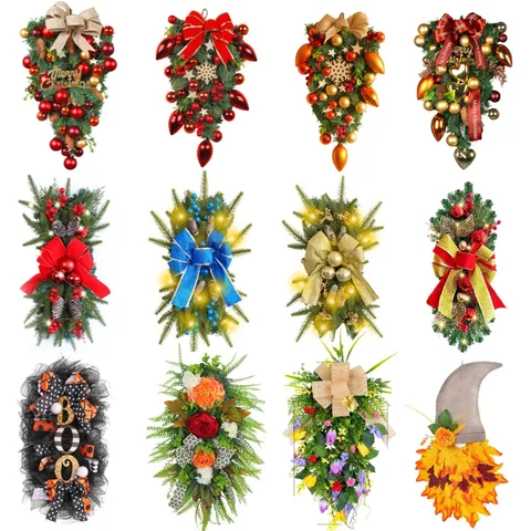 LED Verlichte Kerstboom Ondersteboven Druppelvormige Swag Met Strik Dennenappels Bessen Voor Trap Muur Deur Kerst Decor