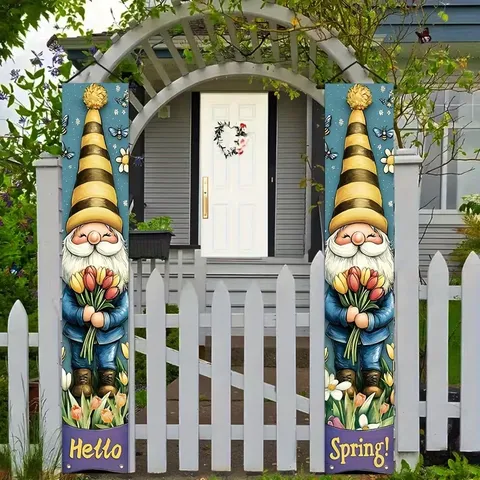 Spring Gnome Porch Sign Banner Hello Spring Tulip Floral Outdoor Hanging Decoration For Garden Home Front Door Decoration