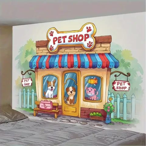 Cartoon Pet Shop Theme Photography Backdrop Colorful Animal Dog Pattern Polyester Wall Tapestry For Kids Birthday Party Decor