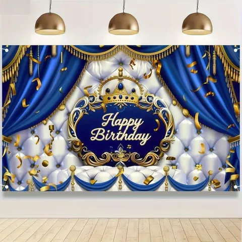 Sfondo Fotografico di Buon Compleanno Blu Reale e Oro con Corona e Nastri per Oggetti di Scena per Decorazioni per Feste di Compleanno