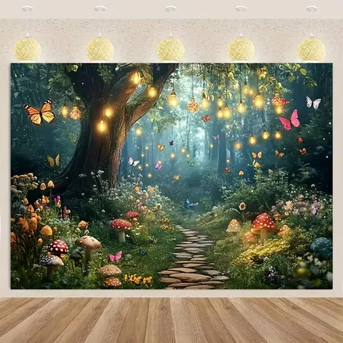 Fairy Tale Magic Forest Photography Backdrop Polyester Printed Mushroom Butterfly Fantasy Backdrop For Party Studio Home Decor