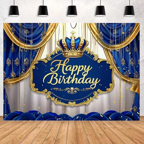 Sfondo Fotografico di Buon Compleanno Blu Reale e Oro con Corona e Nastri per Oggetti di Scena per Decorazioni per Feste di Compleanno