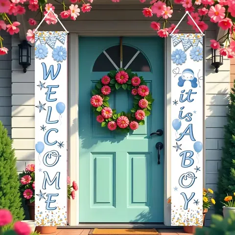 Baby Shower Welcome It Is A Boy Porch Banners Light Blue White Polyester Fabric Hanging Door Banners For Home Party Decor
