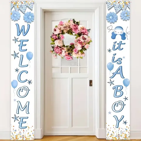 Baby Shower Welcome It Is A Boy Porch Banners Light Blue White Polyester Fabric Hanging Door Banners For Home Party Decor