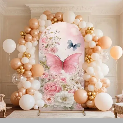 Butterfly Floral Print Arch Backdrop Cover Dreamy Pink Arched Wall Decoration For Spring Birthday Party Wedding Events