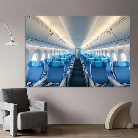 Tessuto di Sfondo per Fotografia Stampato con Motivo Realistico Cabina di un Aereo Sedili Blu Scenografia Arazzo per Studio Foto Eventi Decorazione