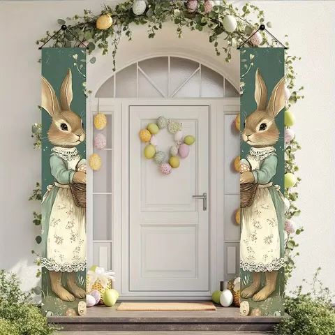 Pancarta de Porche de Pascua Decoración al Aire Libre Lindo Conejo Huevo Bandera Colgante de Poliéster para Hogar Fiesta