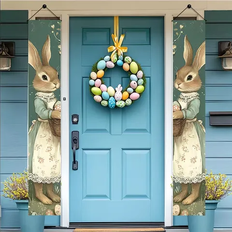 Pancarta de Porche de Pascua Decoración al Aire Libre Lindo Conejo Huevo Bandera Colgante de Poliéster para Hogar Fiesta