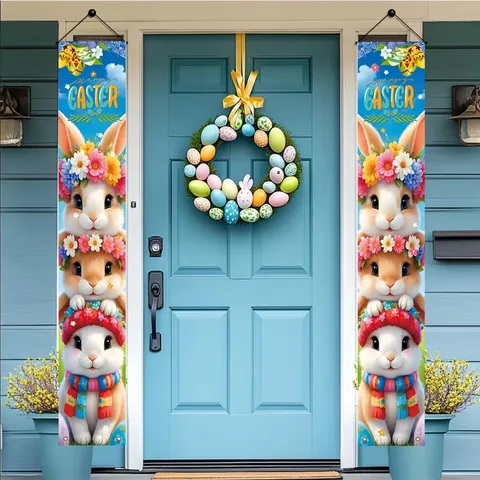 Pasen Porch Banner Decoratie Schattig Konijn Bloemkrans Print Feestelijke Deurbordjes Huis Buiten Feest Decor Polyester Hangende Vlaggen