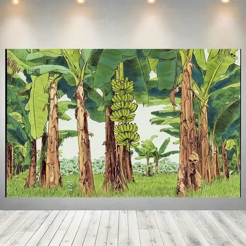 Tropical Banana Trees Rainforest Tapestry Fresh Green Jungle Plant Hand Drawn Illustration Photography Backdrop For Birthday Party Room Hanging Wall Art Decor Polyester Backdrop