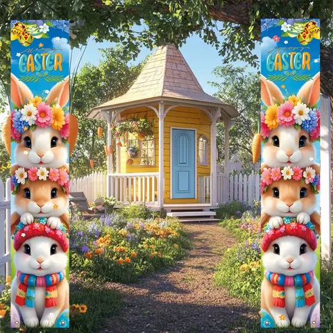 Pasen Porch Banner Decoratie Schattig Konijn Bloemkrans Print Feestelijke Deurbordjes Huis Buiten Feest Decor Polyester Hangende Vlaggen