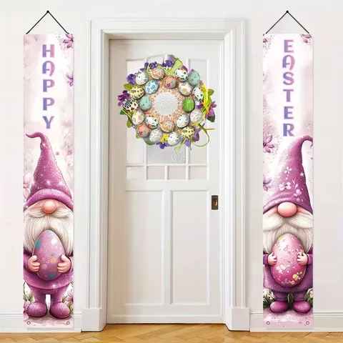 Pancarta de Porche de Pascua Rosa Púrpura Gnomo Huevo de Pascua Estampado Poliéster Vertical Happy Easter Decoración Exterior