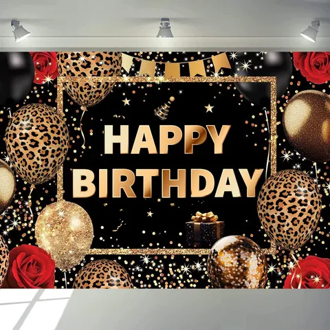 Leopard Print Happy Birthday Photography Backdrop Gold Glitter Heart Balloon Party Decoration Background For Women Girls Adults