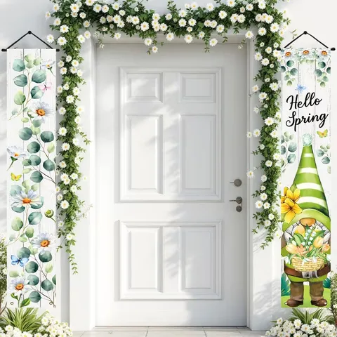 Hello Spring Porch Banners Gnome Daisy Floral Design Pongee Door Hanging Couplets For Outdoor Garden Home Spring Decoration