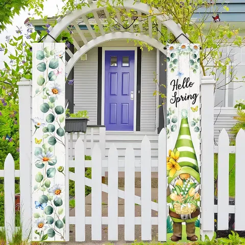 Hello Spring Porch Banners Gnome Daisy Floral Design Pongee Door Hanging Couplets For Outdoor Garden Home Spring Decoration
