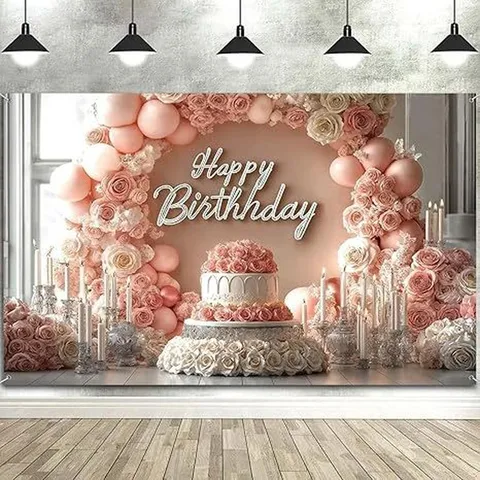 Happy Birthday Photography Backdrop Romantic Pink Rose Floral Arch Balloon Wall Hanging Tapestry Party Decoration For Celebration