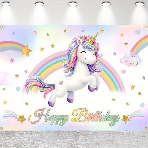 Dreamy Cartoon Unicorn Rainbow Photography Backdrop Happy Birthday Party Decoration Polyester Photography Background Wall Banner For Kids