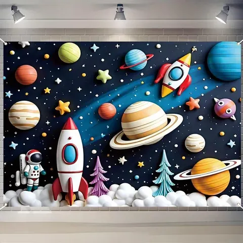 Fondo de Fiesta de Cumpleaños Tema Astronauta Espacial Poliéster Cielo Estrellado Banner de Fotografía para Niños