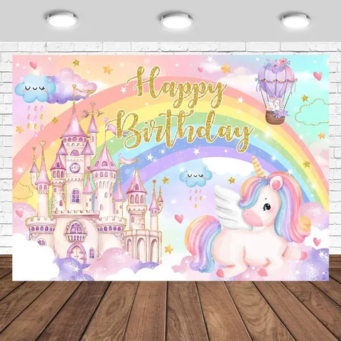 Dreamy Cartoon Unicorn Rainbow Photography Backdrop Happy Birthday Party Decoration Polyester Photography Background Wall Banner For Kids