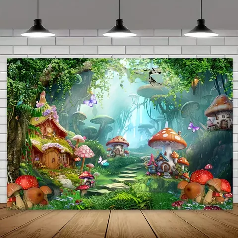 Tessuto di Sfondo per Fotografia Foresta Magica Casa sull'Albero Fiaba Fungo Decorazione da Parete per Festa di Compleanno Casa