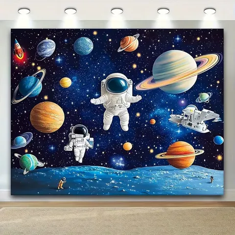 Cartoon Space Astronaut Theme Birthday Party Photography Background Cloth Polyester Fabric Space Galaxy Stars Rocket Wall Decor Backdrop