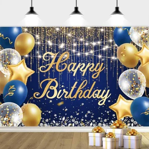Navy Blue Gold Birthday Backdrop Happy Birthday Balloons Gift Photography Background For Birthday Party Decoration Supplies Anniversary Celebration