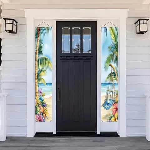 Tropical Beach Coconut Tree Door Hanging Banner Set Summer Party Decoration Polyester Printed Door Couplet Outdoor Porch Sign