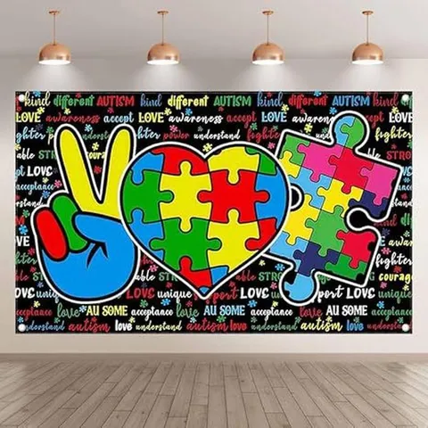 Polyester Autism Awareness Photography Background Cloth Heart Puzzle Pattern Charity Event Decorative Tapestry For Home School Office