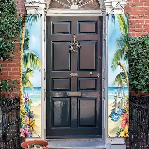 Tropical Beach Coconut Tree Door Hanging Banner Set Summer Party Decoration Polyester Printed Door Couplet Outdoor Porch Sign