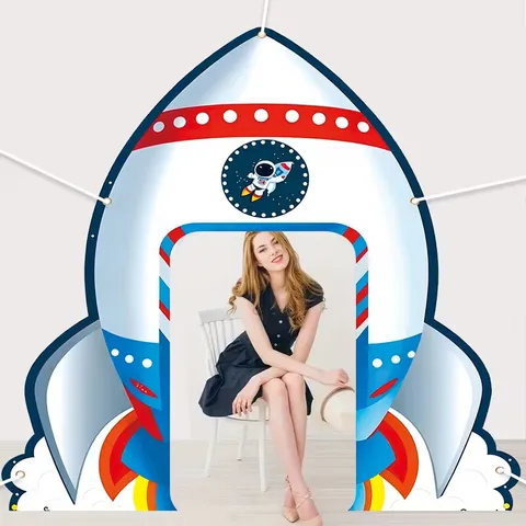 Cartoon Raket Foto Prop Achtergrond Banner Ruimte Astronaut Thema Feest Decoratie Bedrukte Pongee Stof Evenement Achtergrond Doek