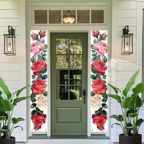 Romantisches Rosenblumen Veranda Banner Türhängeschild Wasserdichtes Polyester Deko Banner Für Hochzeit Party Heimdekoration