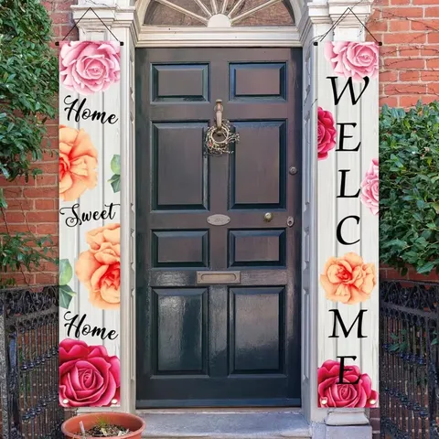 Fresh Floral Welcome Home Sweet Home Porch Sign Banner Set Polyester Hanging Door Flag For House Entryway Garden Decor