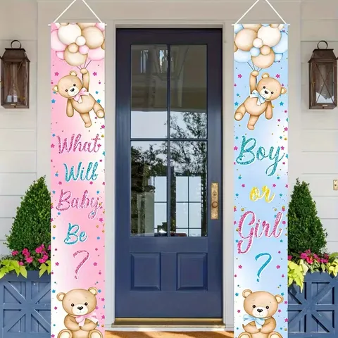 Gender Reveal Teddy Bear Porch Banner Pink Blue Balloon Welcome Couplet Baby Shower Party Decoration For Home Polyester Sign