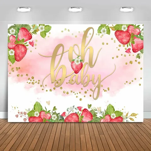 Oh Baby Theme Baby Shower Photography Backdrop Strawberry Floral Leopard Print Party Decoration Polyester Fabric Tapestry