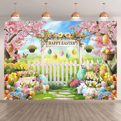 Easter Photography Backdrop Happy Easter Bunny Eggs Floral Spring Theme Festive Background Decoration Polyester Tapestry For Party Photo Studio