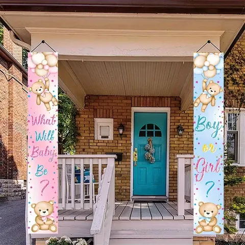 Gender Reveal Teddy Bear Porch Banner Pink Blue Balloon Welcome Couplet Baby Shower Party Decoration For Home Polyester Sign