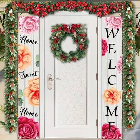 Fresh Floral Welcome Home Sweet Home Porch Sign Banner Set Polyester Hanging Door Flag For House Entryway Garden Decor