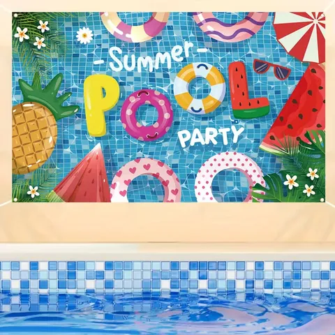 Sommer Pool Party Fotografie Hintergrund Blau Pool Fliesen Design Mit Schwimmring Frucht Elementen Polyester Party Banner