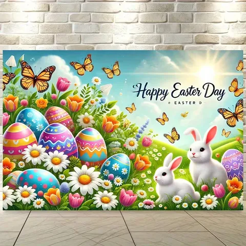 Easter Photography Backdrop Happy Easter Bunny Eggs Floral Spring Theme Festive Background Decoration Polyester Tapestry For Party Photo Studio