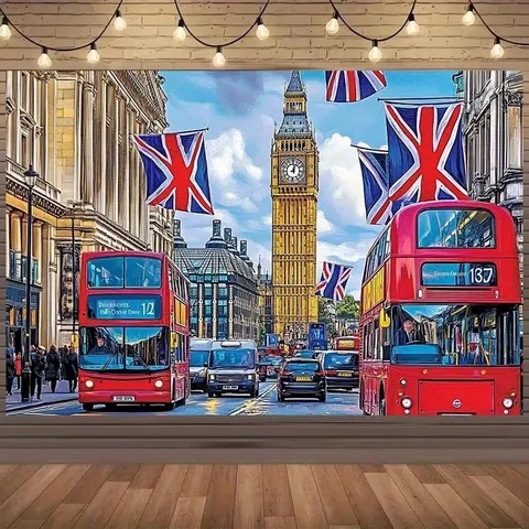 British Style London Street Scene Photography Backdrop Retro Big Ben Red Bus UK Flag Party Decor Polyester Tapestry Wall Hanging