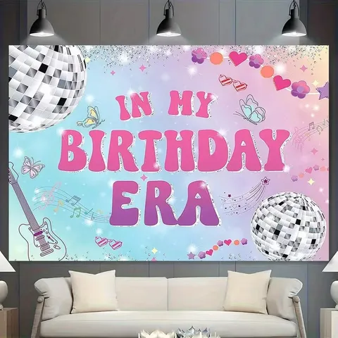 In My Birthday Era Thema Verjaardagsfeest Fotografie Achtergrond Roze Blauw Verloop Polyester Banner Met Discobal Gitaar Notitie Elementen Decor