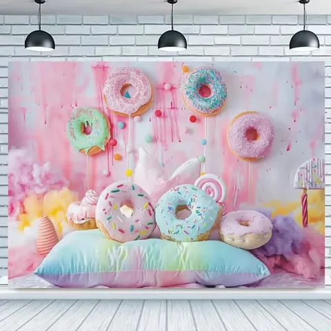 Süßes Dessert Donut Thema Fotohintergrund Schmelzender Zuckerguss Streusel Geburtstag Party Dekoration Polyester Fotohintergrund Tuch Banner Für Kinder Geburtstag Studio Fotografie Requisiten